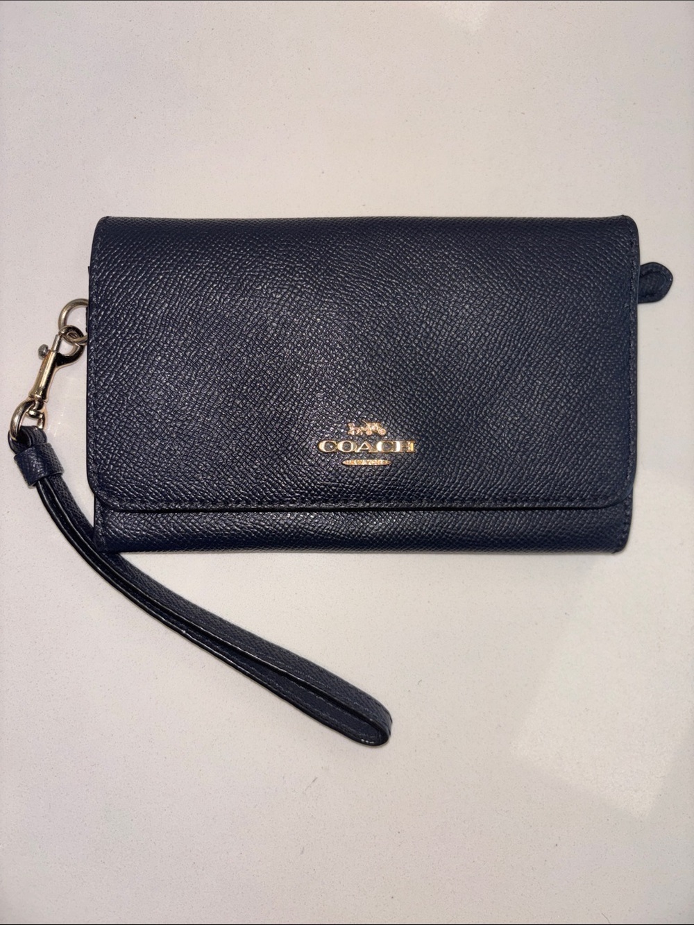 Coach Navy Blue Crossgrain Flap Phone Wallet wristlet